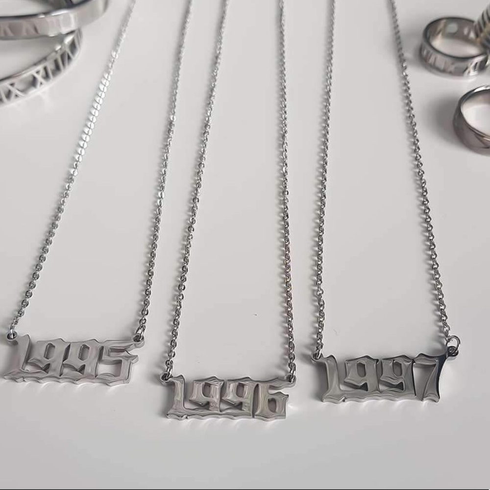 Gothic Font Silver Birthday Year Number Necklace